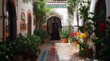 Naklejka premium A sunlit courtyard with colorful tile floors and potted plants