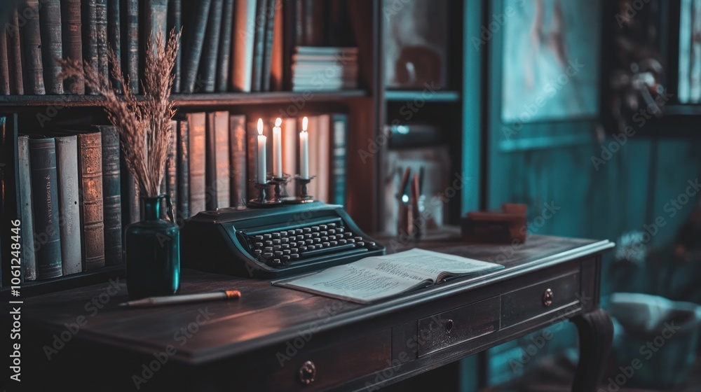 Poster A vintage typewriter sits on a desk with an open notebook and a lit candle.