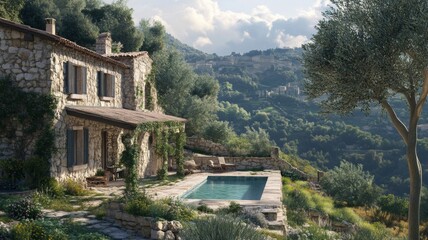 Stone Cottage with Pool Overlooking a Mountainous Landscape