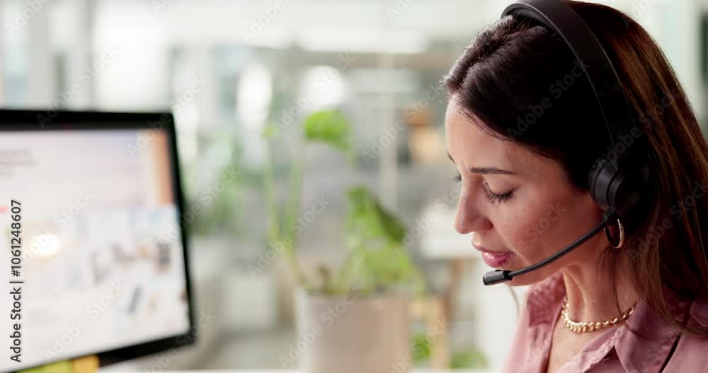 Poster computer, explain and support with woman in call center office for advice or consulting. communicati