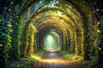 Obraz premium Enchanted forest arch passage tunnel with glittering leaves