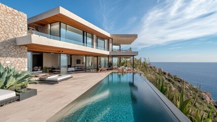 Obraz premium Modern cliffside home with infinity pool overlooking the ocean