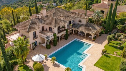 Fototapeta premium Aerial View of a Luxurious Villa with a Swimming Pool and Lush Gardens
