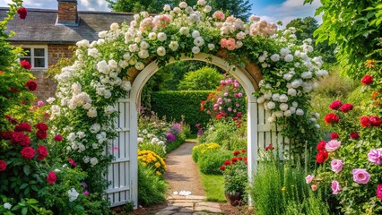 Obraz premium English cottage garden with white rose arch entrance and colorful summer flowers in bloom Close-Up