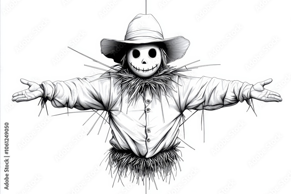 Poster minimalist line art of a scarecrow with simple hat and outstretched arms, capturing the classic silh