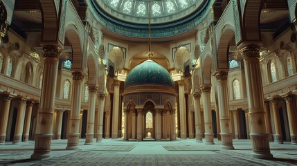 Fototapeta premium A grand, illuminated interior of a mosque featuring intricate designs and a dome.