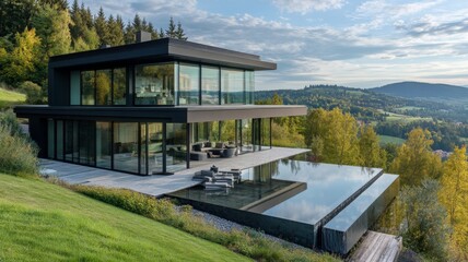 Obraz premium Modern Black House with Infinity Pool Overlooking a Lush Green Valley