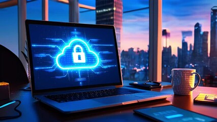 Laptop with a cloud security icon on the screen, on a desk with a cup of coffee and a cityscape in the background. - Powered by Adobe