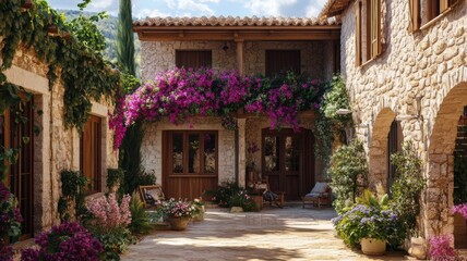 Stone Courtyard with Pink Bougainvillea and Rustic Charm