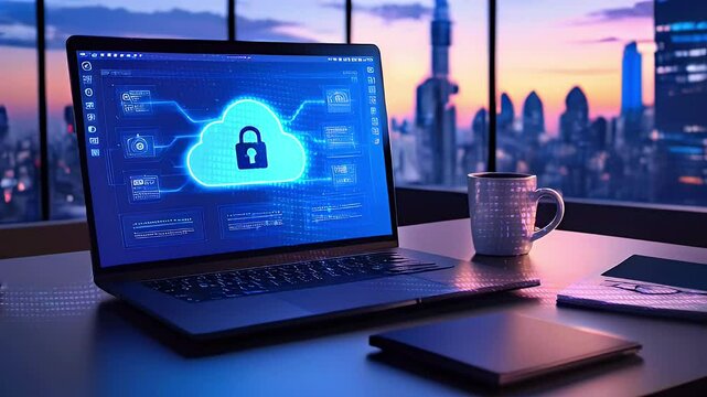Laptop with a cloud security icon on the screen, a mug and a notebook on a table, overlooking a city skyline at dusk.