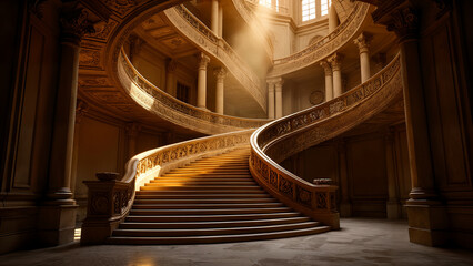 Obraz premium A Magnificent Set of Stairs Spiraling Gracefully Upwards Adorned with Intricate Designs and Warm Glowing Light