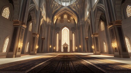 Fototapeta premium A grand, ornate interior of a mosque featuring intricate architecture and soft lighting.