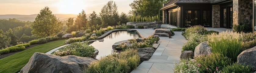 Serene outdoor landscape with a pool, rocks, and lush greenery at sunset.
