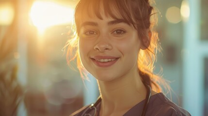 Fototapeta premium A young woman doctor stands proudly with her stethoscope, her bright smile reflecting her passion for healthcare and healing.
