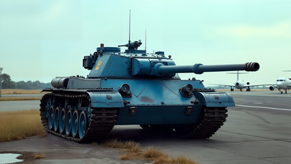 A Unique Weathered Blue Tank on the Runway at the Airport Surrounded by Vivid Landscapes and Air Traffic