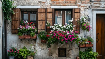 Old Stone Building with Windows and Flower Boxes