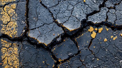 Diagonal crack pattern on aged asphalt road surface with space for text