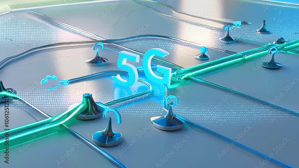 Poster 3d rendering of a futuristic technology concept with a 5g network symbol, connecting lines and anten