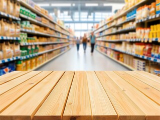 A blurred view of a supermarket aisle filled with various products on shelves, with a wooden table in the foreground, illustrating a typical shopping experience.