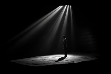 Shadowy figure standing at the end of a dark alley under a faint streetlight, capturing the unsettling feeling of being watched in a hidden place, symbolizing fear and suspense