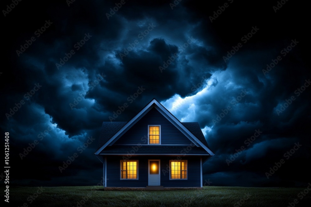 Poster silhouette of a house with a single light in a dark field, capturing the eerie and lonely feeling of