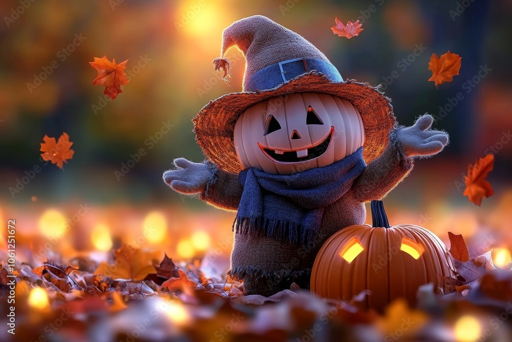 Poster simple 2d drawing of a scarecrow in a pumpkin patch, capturing the warm, inviting look of fall decor