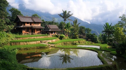 Obraz premium Traditional Houses and Rice Paddies in a Mountainous Landscape