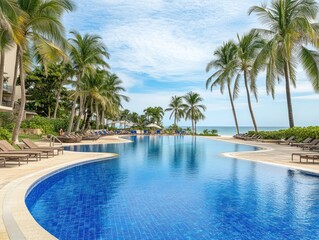 Obraz premium A serene resort pool surrounded by palm trees and a beach view under a blue sky.