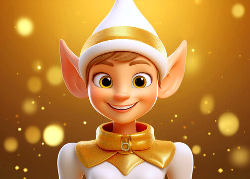 Elfo hombre de navidad con gorro de navidad sobre fondo dorado con destellos y brillos m&aacute;gicos, ilustraci&oacute;n de navidad en 3d, IA, feliz navidad, elfo animado, renderizado 3d, dibujo de navidad, nieve.