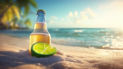 Obraz premium Bottle with Lime on Sandy Beach 