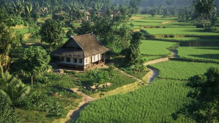 Obraz premium Traditional House in Lush Green Rice Paddies and Forested Hills