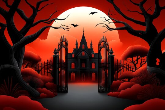 Vintage-style illustration of a haunted mansion with twisted iron gates, capturing the classic charm and dark elegance of horror in old-fashioned style, symbolizing nostalgia and mystery