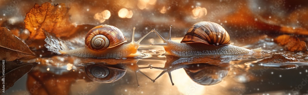 Poster two snails with brown shells and extended tentacles, one in the foreground and one in the background