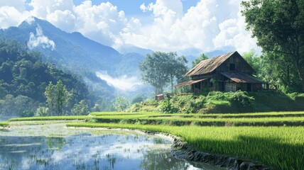 Fototapeta premium Rustic Wooden Cabin Nestled in Verdant Rice Paddies with Mountainous Background