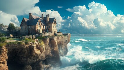 A Stone House Perched on a Cliff Overlooking a Stormy Sea