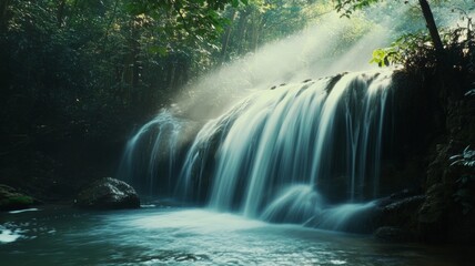A Serene Waterfall Cascades Through a Lush Forest, Bathed in Morning Light