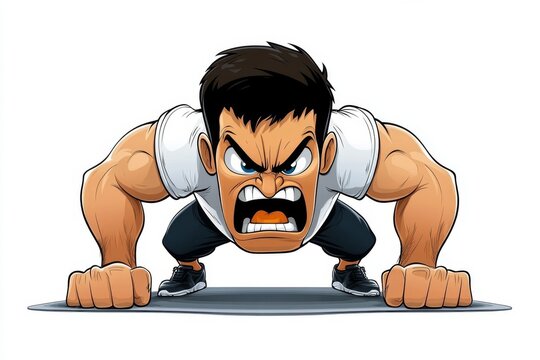 a 2D cartoon illustration of a man doing burpees intense workout white background