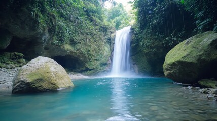 Fototapeta premium Lush Green Forested Waterfall Pool With Large Rocks