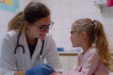 Happy elementary school girl being examined by a female doctor in a clinic. Pediatrician in a clinic checking the lung health of a child. doctor examination room, healthy wellbeing, friendly.