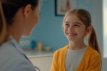 Fototapeta premium Happy elementary school girl being examined by a female doctor in a clinic. Pediatrician in a clinic checking the lung health of a child. doctor examination room, healthy wellbeing, friendly.
