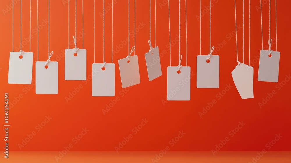 Poster a series of blank white price tags on strings, creatively displayed against a bold orange background