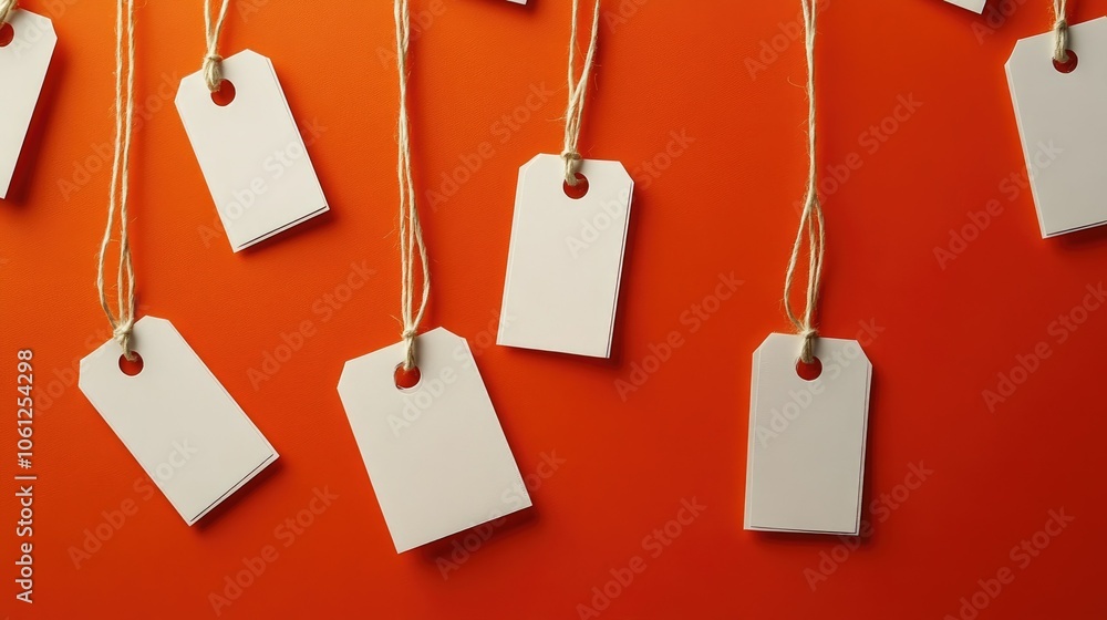 Poster a series of blank white price tags on strings, creatively displayed against a bold orange background