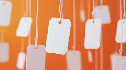 A collection of white shopping tags hanging freely, bright orange background enhancing visibility for pricing or branding messages