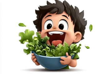 a 2D cartoon illustration of a person eating a nutritious salad full of greens healthy choice white background