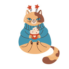 Happy cat with Christmas drink flat color vector character. Festive pet in winter holiday knitted sweater illustration on white background
