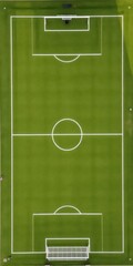 Obraz premium Aerial view of a green turf football field with white line markings and goalposts, pitch