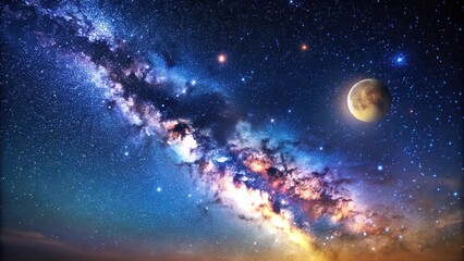 Obraz premium Milky Way galaxy background with bright stars and subtle moon, space scene, planetary system, astronomical, universe