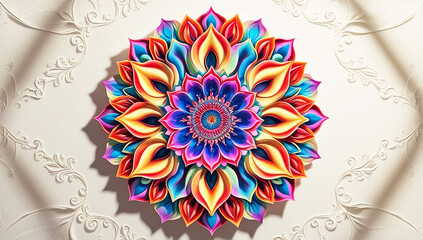 A vibrant mandala features a symmetrical array of intricate patterns with bold colors like red, blue, and orange. The design is set against a light background with subtle floral embossing