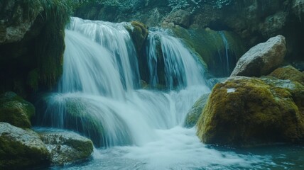 Fototapeta premium Serene Waterfall Cascading Over Moss-Covered Rocks