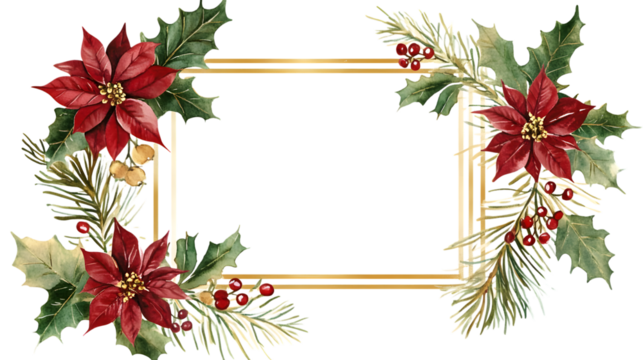 Christmas Leaf Flowers Watercolor Geometric Gold Frame isolated on white background